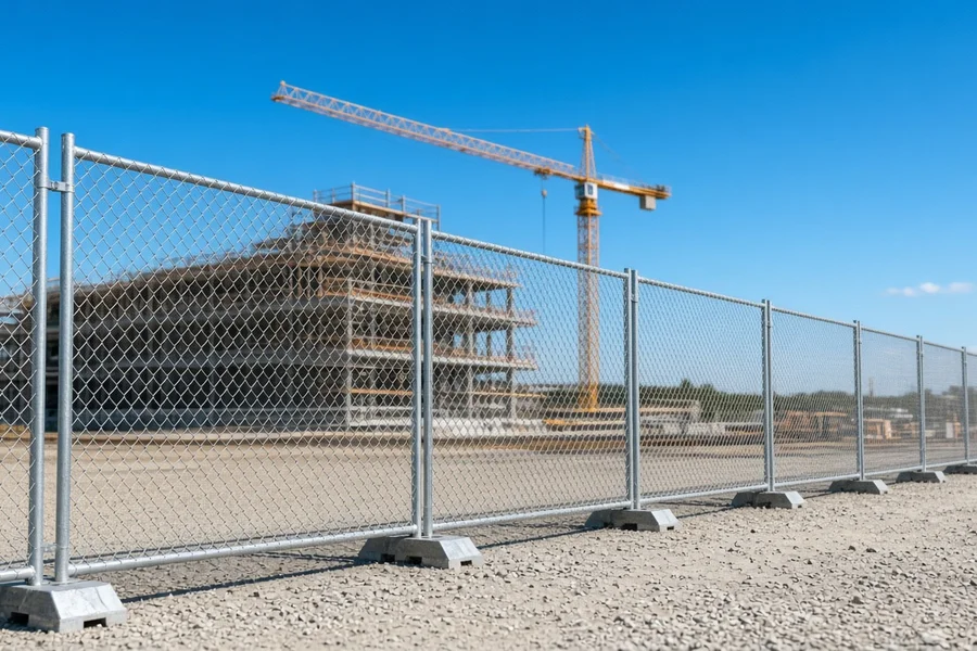 Temporary chain-link fence panels at a construction site