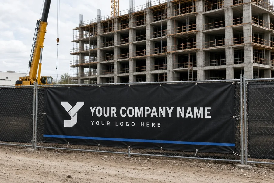 Mesh windscreen banner on a chain-link fence at a construction site